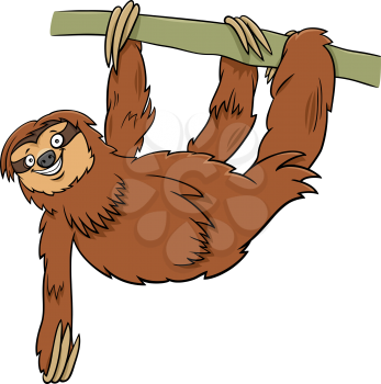Cartoon Illustration of Sloth Wild Animal Character on the Branch