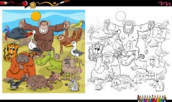 Cartoon Illustration of Wild Animal Characters Group Coloring Book Page