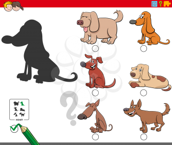 Cartoon Illustration of Finding the Right Shadow Educational Game for Children with Funny Dogs and Puppies Characters