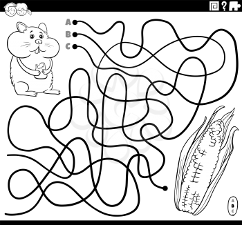 Black and white cartoon illustration of lines maze puzzle game with hamster character and corn cob coloring book page