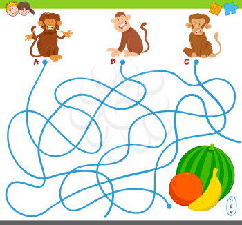 Cartoon Illustration of Maze Puzzle Activity Game with Monkey Animal Characters and Fruits
