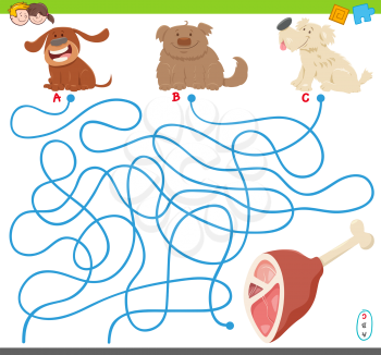Cartoon Illustration of Maze Puzzle Activity Game with Dog Animal Characters and Meat