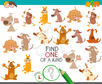 Cartoon Illustration of Find One of a Kind Picture Educational Activity Game with Happy Dogs and Puppies Characters