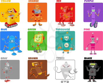Cartoon Illustration of Basic Colors with Funny Robots Science Fiction Characters Educational Set