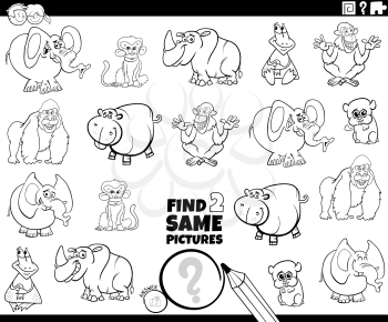 Black and White Cartoon Illustration of Finding Two Same Pictures Educational Game for Children with Funny Wild Animal Characters Coloring Book Page