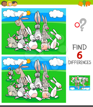 Cartoon Illustration of Finding Six Differences Between Pictures Educational Game for Children with Rabbits Animal Characters