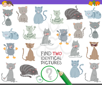 Cartoon Illustration of Finding Two Identical Pictures Educational Game for Children with Cute Cats and Kittens Funny Characters
