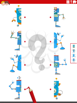 Cartoon Illustration of Educational Game of Matching Halves of Pictures with Happy Robot Characters