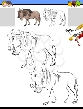 Cartoon Illustration of Drawing and Coloring Educational Activity for Children with Funny Wildebeest or Gnu Antelope Animal Character