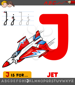 Educational Cartoon Illustration of Letter J from Alphabet with Jet for Children 