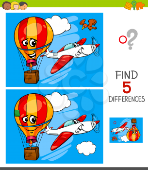 Cartoon Illustration of Finding Five Differences Between Pictures Educational Game for Children with Plane and Hot Air Balloon