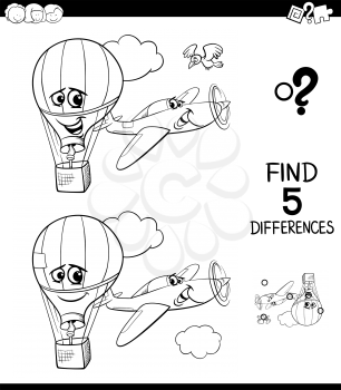 Black and White Cartoon Illustration of Finding Five Differences Between Pictures Educational Game for Children with Plane and Hot Air Balloon Coloring Book