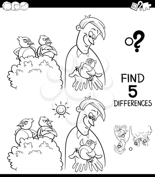 Black and White Cartoon Illustration of Finding Five Differences Between Pictures Educational Game for Children with A Bird in the Hand is Worth Two in the Bush Saying Coloring Book