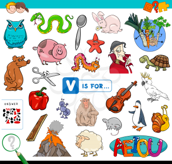 Cartoon Illustration of Finding Picture Starting with Letter V Educational Game Workbook for Children