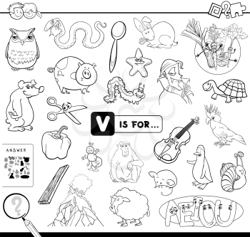 Black and White Cartoon Illustration of Finding Picture Starting with Letter V Educational Game Workbook for Children Coloring Book