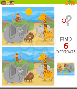 Cartoon Illustration of Finding Six Differences Between Pictures Educational Game for Children with Funny Wild Animal Characters Group