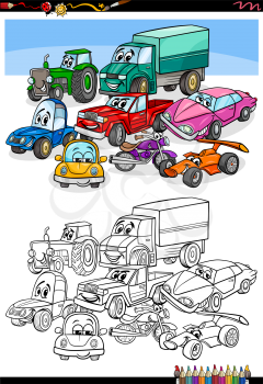 Cartoon Illustration of Funny Cars and Transportation Vehicles Characters Group Coloring Book Page