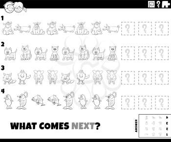 Black and White Cartoon Illustration of Completing the Pattern Educational Game for Children with Funny Animal Characters Coloring Book Page