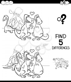 Black and White Cartoon Illustration of Finding Five Differences Between Pictures Educational Game for Children with Dinosaurs in Love Coloring Book