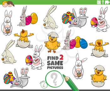 Cartoon Illustration of Finding Two Same Pictures Educational Game for Children with Easter Bunnies and Chicks Characters