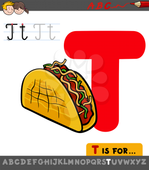 Educational Cartoon Illustration of Letter T from Alphabet with Taco for Children 