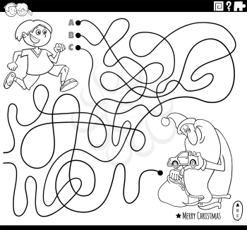 Black and white cartoon illustration of lines maze puzzle game with Santa Claus and happy boy on Christmas time coloring book page