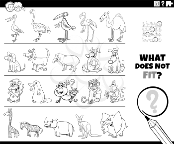Black and White Cartoon Illustration of Finding Picture that does not Fit in a Row Educational Task for Elementary Age or Preschool Children with Animals Coloring Book Page
