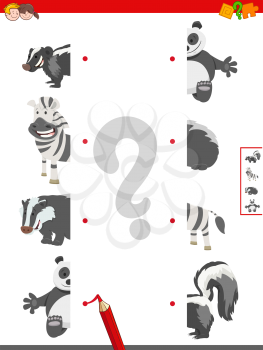 Cartoon Illustration of Educational Game of Matching Halves of Funny Wild Animal Characters