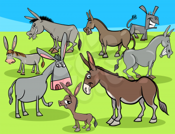 Cartoon Illustration of Funny Donkeys Farm Animal Characters Group