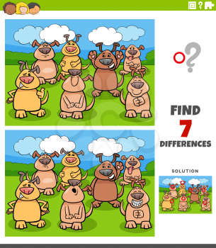 Cartoon Illustration of Finding Differences Between Pictures Educational Task for Children with Comic Dogs Group