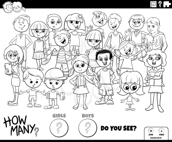 Black and White Illustration of Educational Counting Game for Children with Cartoon Girls and Boys Characters Group Coloring Book Page