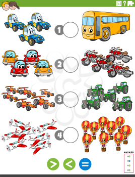 Cartoon Illustration of Educational Mathematical Puzzle Task of Greater Than, Less Than or Equal to for Children with Cars and Vehicles Worksheet Page