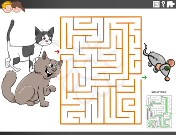 Cartoon Illustration of Educational Maze Puzzle Game for Children with Funny Cat Characters