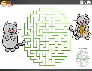 Cartoon Illustration of Educational Maze Puzzle Game for Children with Cat Character with Yarn