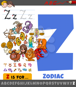 Educational cartoon illustration of letter Z from alphabet with zodiac signs for children 
