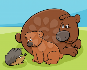 Cartoon illustration of little bear with his mother and cute hedgehog comic animal characters