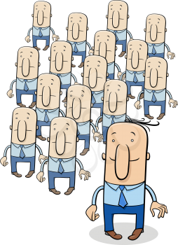 Cartoon concept illustration of happy man or businessman stand out from the crowd of sad or serious people