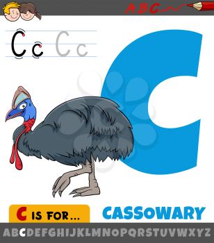 Educational cartoon illustration of letter C from alphabet with cassowary bird animal character for children 