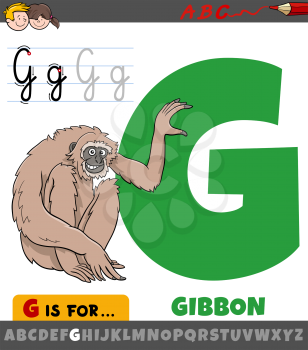 Educational cartoon illustration of letter G from alphabet with gibbon ape animal character for children 