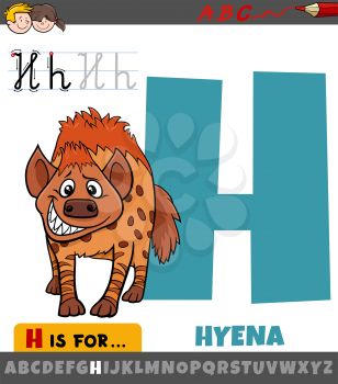 Educational cartoon illustration of letter H from alphabet with hyena animal character for children 