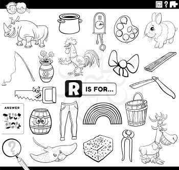 Black and white cartoon illustration of finding pictures starting with letter R educational task worksheet for children with objects and comic characters coloring book page