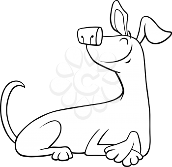 Black and White Cartoon Illustration of Happy Brown Lying Dog Comic Animal Character Coloring Book Page