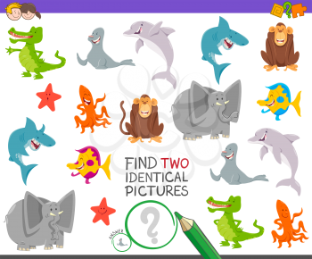 Cartoon Illustration of Finding Two Identical Pictures Educational Game for Kids with Funny Wild Animal Characters