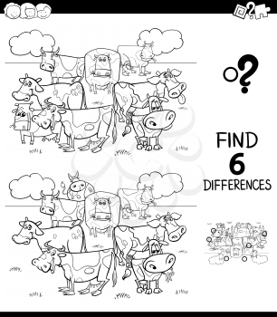 Black and White Cartoon Illustration of Finding Six Differences Between Pictures Educational Game for Children with Cows Farm Animal Characters Coloring Book
