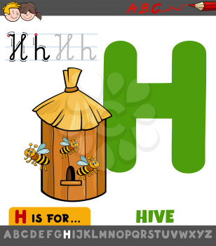 Educational Cartoon Illustration of Letter H from Alphabet with Bee Hive for Children 