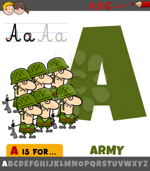 Educational cartoon illustration of letter A from alphabet with army for children 