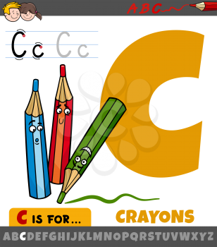 Educational cartoon illustration of letter C from alphabet with crayons characters for children 