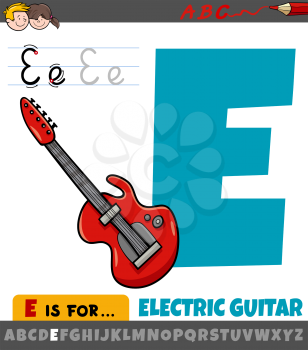 Educational cartoon illustration of letter E from alphabet with electric guitar musical instrument for children 