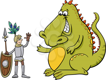 Cartoon humorous illustration of dragon and knight having a friendly talk