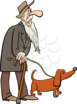 Cartoon illustration of mature age man senior or grandfather walking with dog